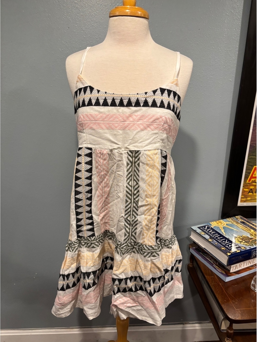 Francesca's Ivory Patterned Spaghetti Strap Dress Size L